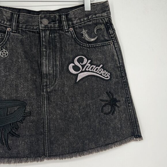 Marc Jacobs Denim Skirt Womens 29 Punk Patches Embroidered Black Goth Grunge - Picture 4 of 9
